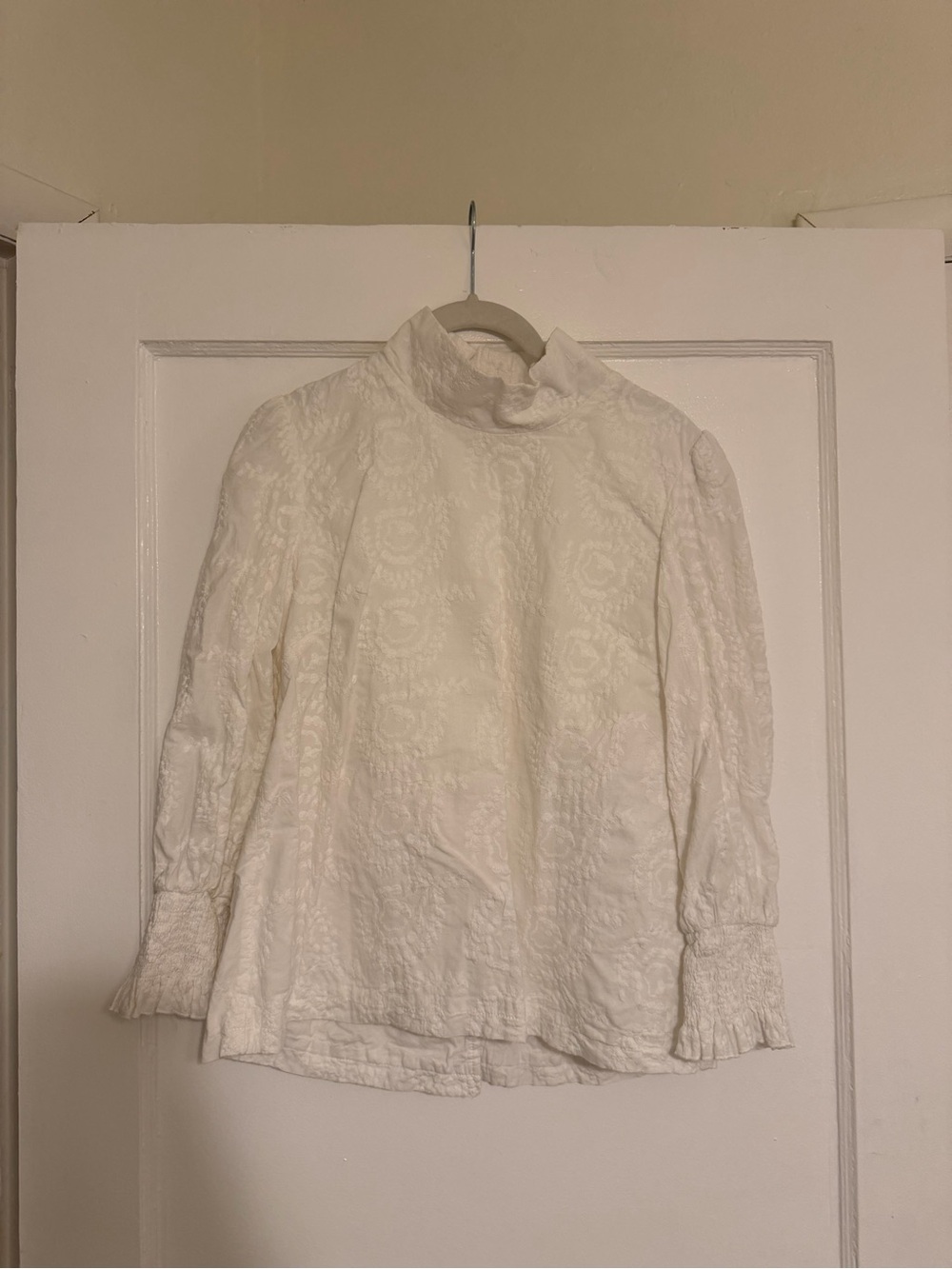 Cream Textured High-Neck Blouse with Smocked Cuffs